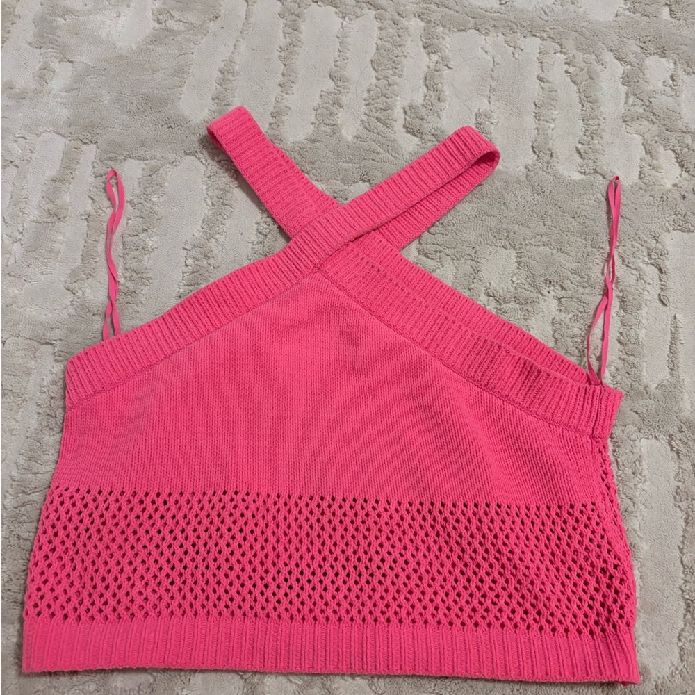 Zara Pink Ribbed Asymmetrical Crop Tank Top